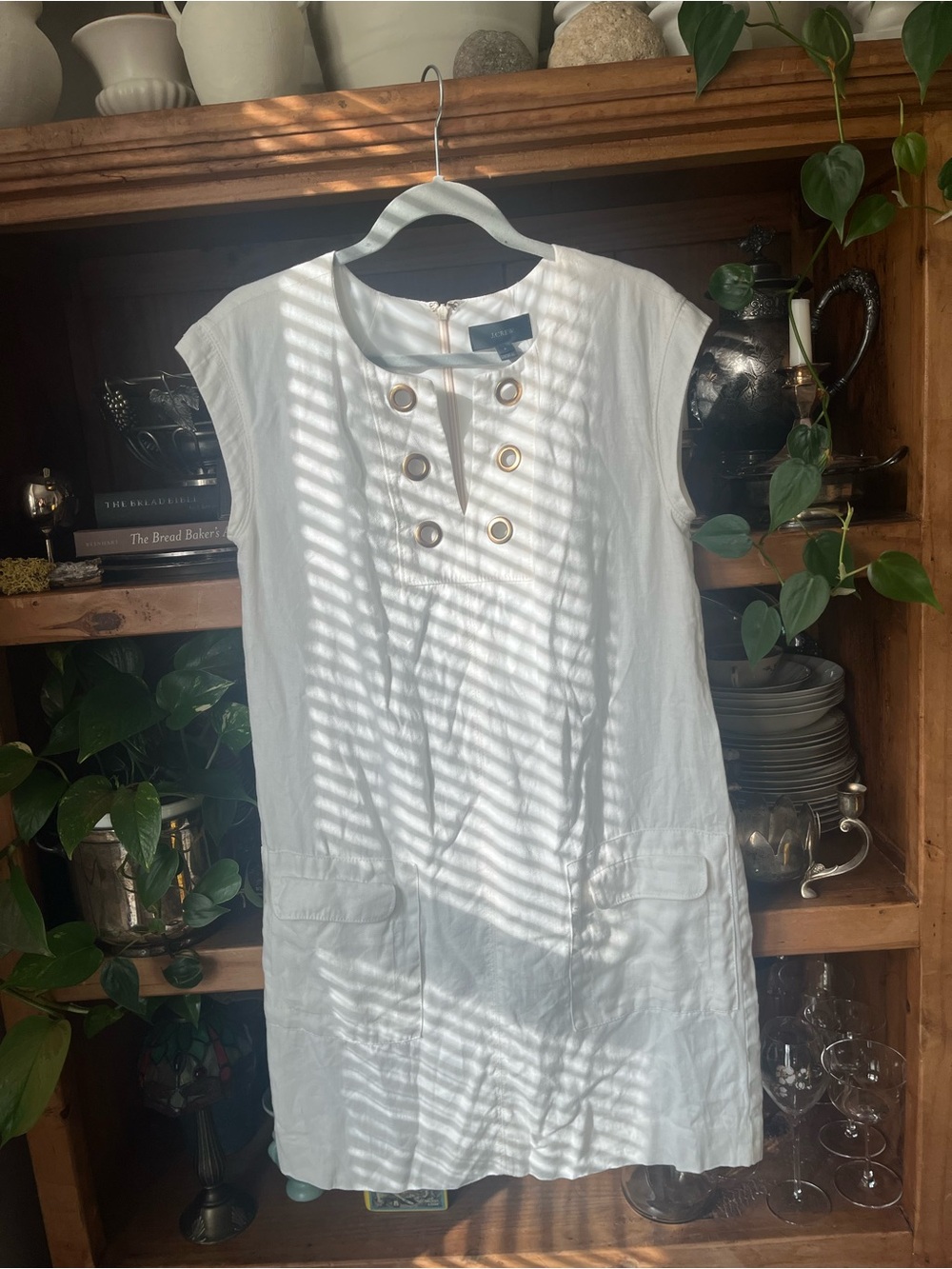 J Crew White Linen Shift Dress with Gold Button Accents